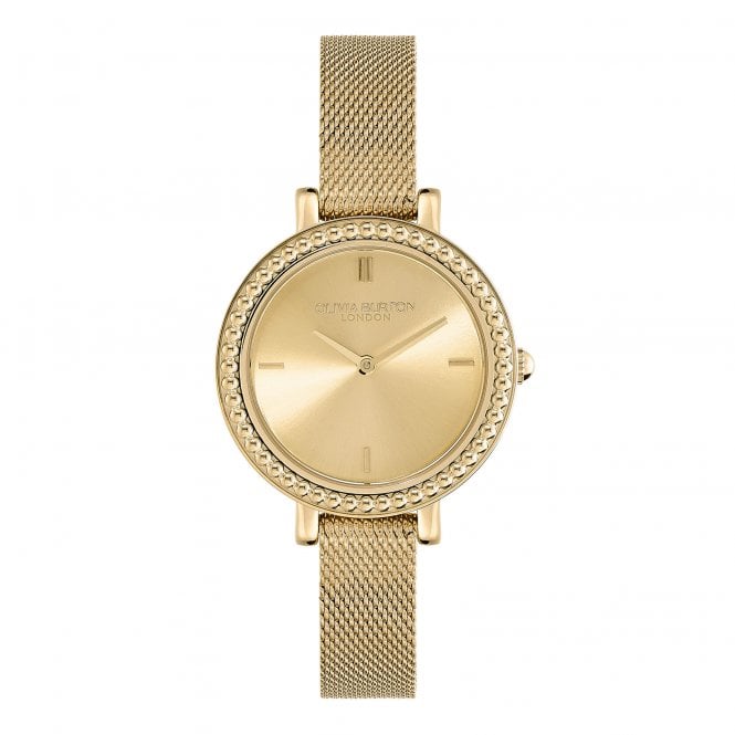 Olivia Burton Ladies CAVIAR Gold Dial Vintage Bezel Gold Plated Mesh Bracelet Watch 24000161