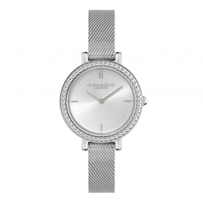 Olivia Burton Ladies CAVIAR Round Silver Dial Beaded Bezel Mesh Silver Bracelet Watch 24000160
