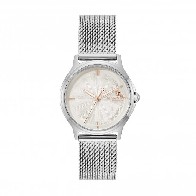 Olivia Burton Ladies Classic Bee Round Silver Dial Stainless Steel Mesh Bracelet Watch 24000340