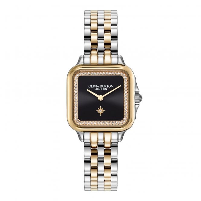 Olivia Burton Ladies GROSVENOR Square Black Dial 2 Colour Bracelet Watch 24000124