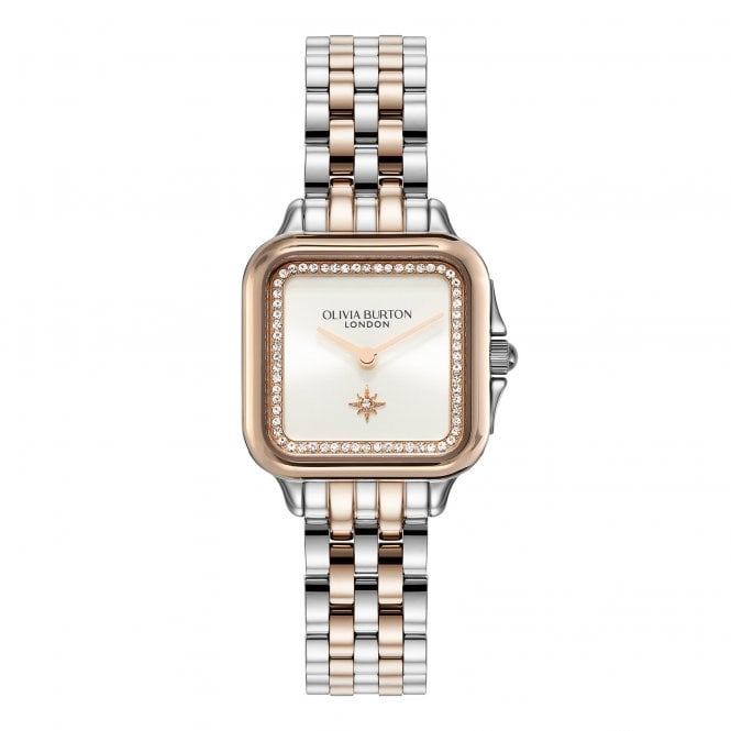 Olivia Burton Ladies GROSVENOR Square Silver Dial 2 Colour Bracelet Watch 24000125