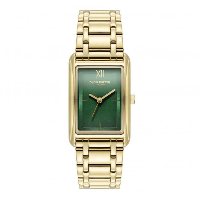 Olivia Burton Ladies GROVE Rectangle Tank Green Dial Gold Plated Bracelet Watch 24000195