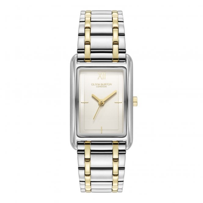 Olivia Burton Ladies GROVE Rectangular Tank Ivory Dial 2 Colour Bracelet Watch 24000197