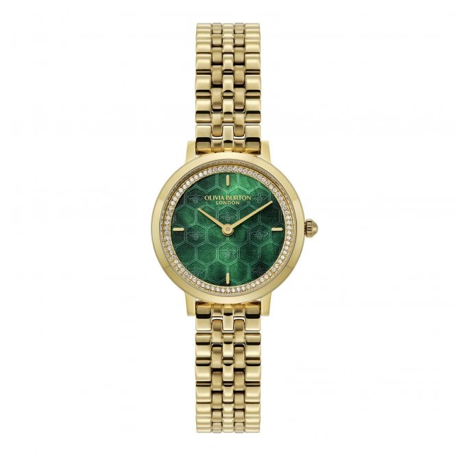 Olivia Burton Ladies HONEYCOMB ULTRA SLIM Round Green Dial Gold Plated Bracelet Watch 24000266