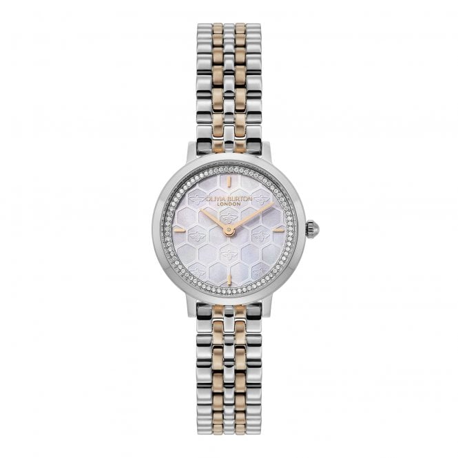 Olivia Burton Ladies HONEYCOMB ULTRA SLIM Round Grey Dial 2 Colour Rose Bracelet Watch 24000265