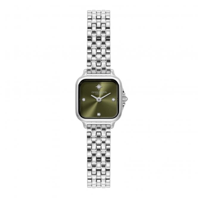 Olivia Burton Ladies MINI GROSVENOR Square Sage Green Dial Stainless Steel Bracelet Watch 24000255