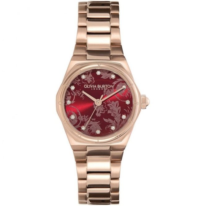 Olivia Burton Ladies MINI HEXA Round Cranberry Dial Rose Bracelet Watch 24000106