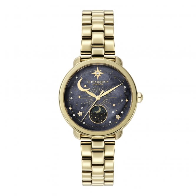 Olivia Burton Ladies MOONPHASE Round Black Dial Gold Plated Bracelet Watch 24000298