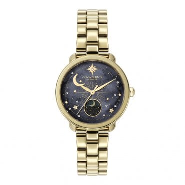 Ladies MOONPHASE Round Black Dial Gold Plated Bracelet Watch 24000298