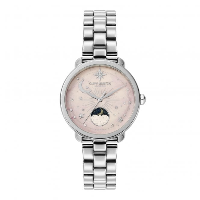 Olivia Burton Ladies MOONPHASE Round Pink Dial Stainless Steel Bracelet Watch 24000297