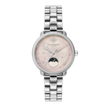 Ladies MOONPHASE Round Pink Dial Stainless Steel Bracelet Watch 24000297
