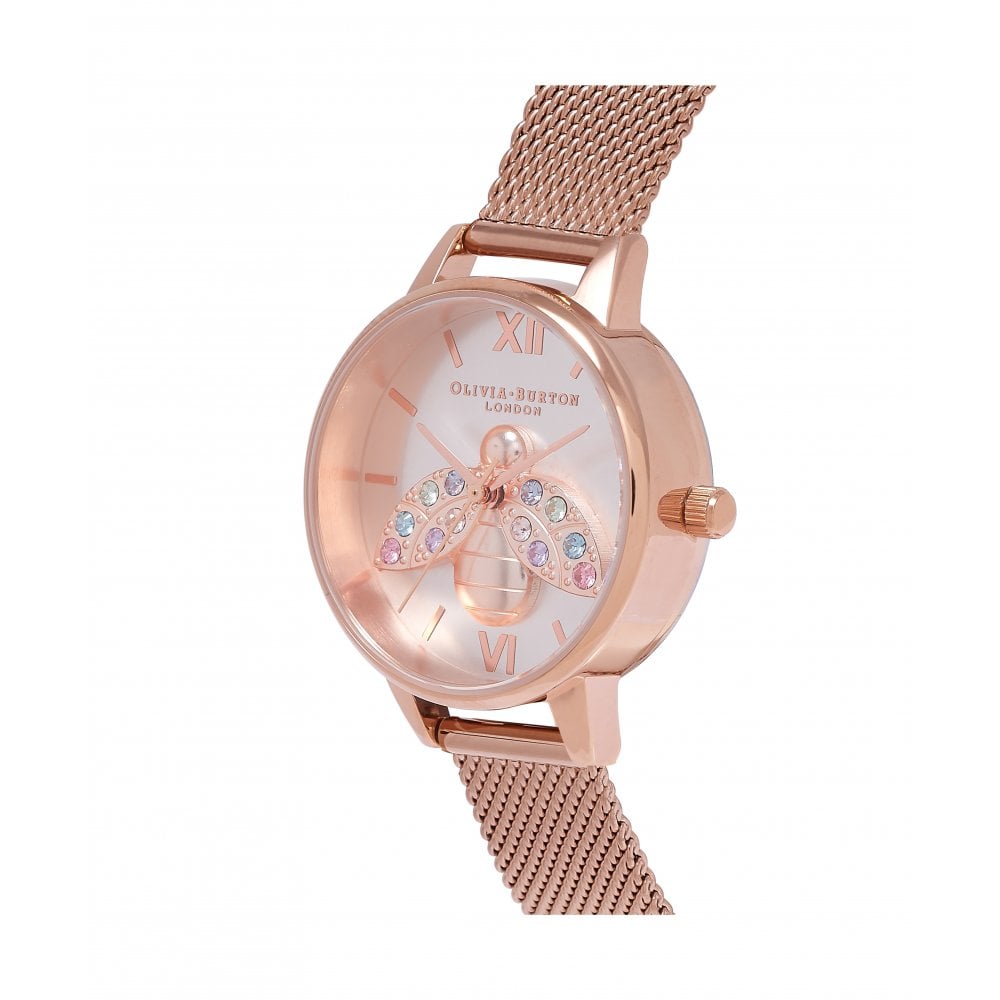 Olivia Burton Ladies Rainbow Bee Silver Dial Rose Mesh  display picture 1