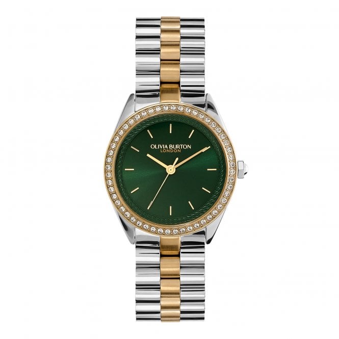 Olivia Burton Ladies Round Green Dial Stainless Steel Bezel 2-Coloured Bracelet Watch 24000137
