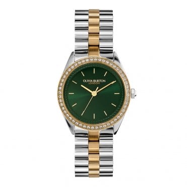 Ladies Round Green Dial Stainless Steel Bezel 2-Coloured Bracelet Watch 24000137