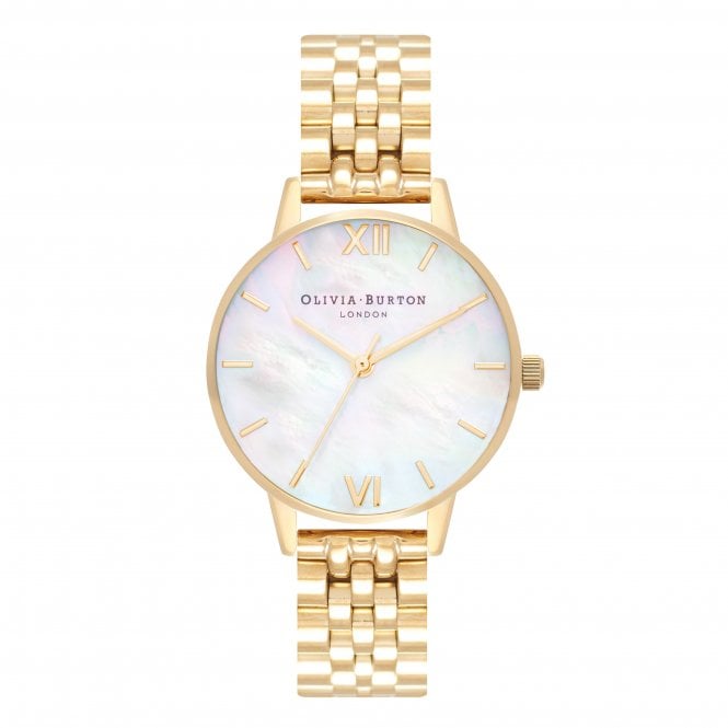 Olivia Burton Ladies Round White Mother of Pearl Dial Gold Bracelet Watch OB16MOP01