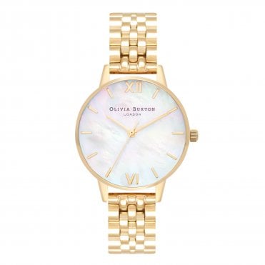 Ladies Round White Mother of Pearl Dial Gold Bracelet Watch  OB16MOP01