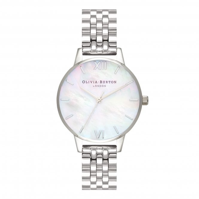 Olivia Burton Ladies Round White Mother Of Pearl Dial Silver Bracelet Watch OB16MOP02