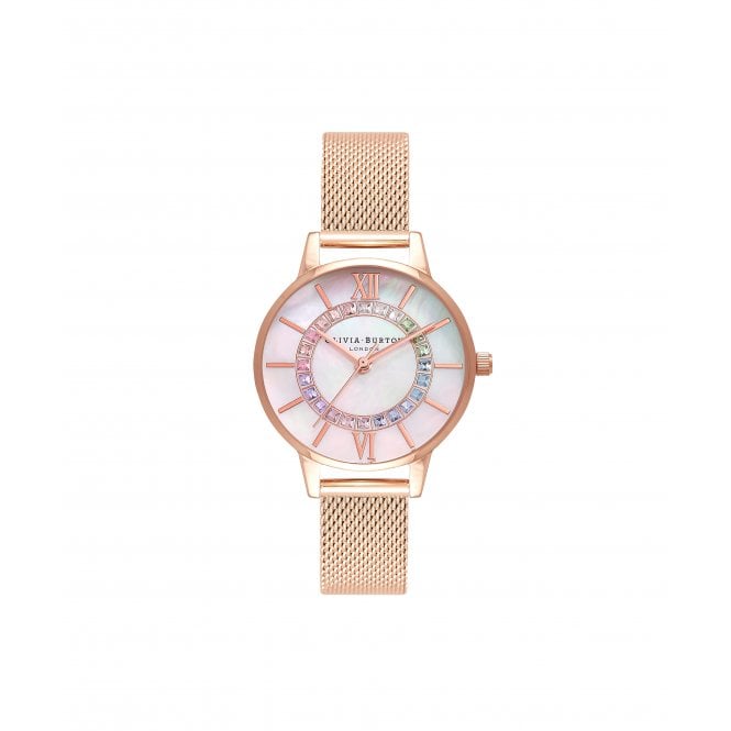 Olivia Burton Ladies Wonderland Round Mother of Pearl Dial Rose Mesh Bracelet Watch OB16WD95
