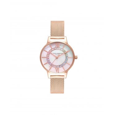 Ladies Wonderland Round Mother of Pearl Dial Rose Mesh Bracelet Watch  OB16WD95