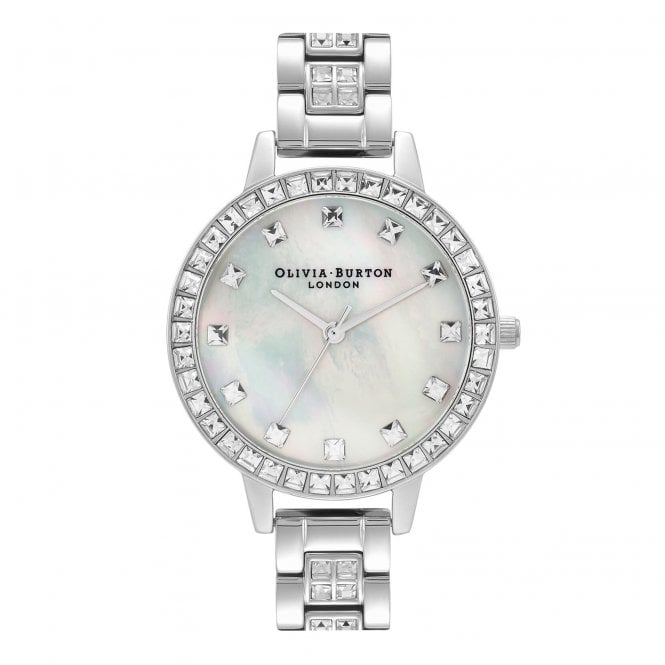 Olivia Burton Treasure Round Mother of Pearl Stone Dial Stainless Steel Fancy Crystal Set Bracelet Watch OB16MOP25