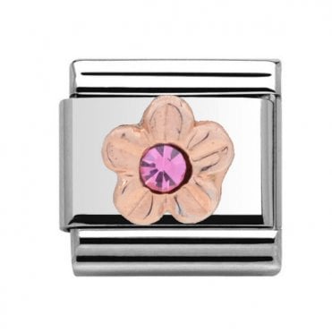 Pink Flower Rose Silver Stone Set Charm
