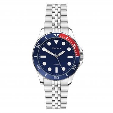 Kids Round Black Diver Dial Blue and Red Bezel Stainless Steel Bracelet Watch 40564