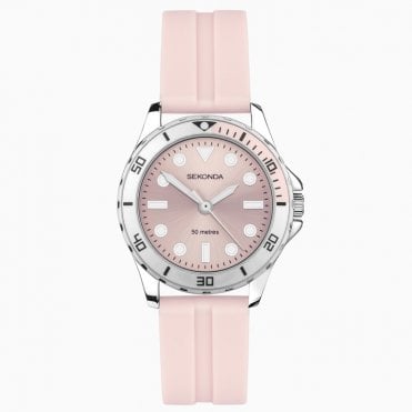 Ladies Balearic Round Pink Dial Silver Alloy Case & Pink Rubber Strap Watch 40569