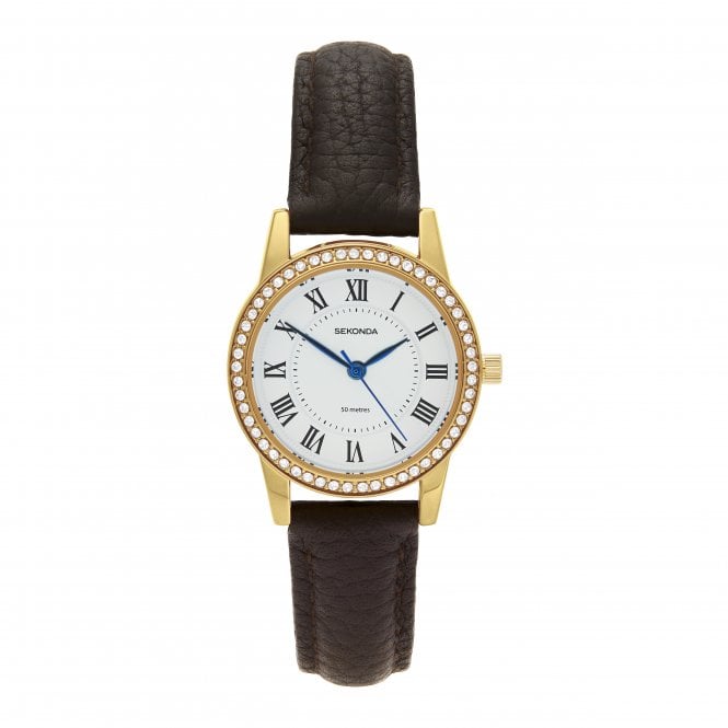 Sekonda Ladies BEAUMONT Round White Dial Stainless Steel Bezel Brown Strap Watch 40794