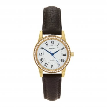 Ladies BEAUMONT Round White Dial Stainless Steel Bezel Brown Strap Watch 40794