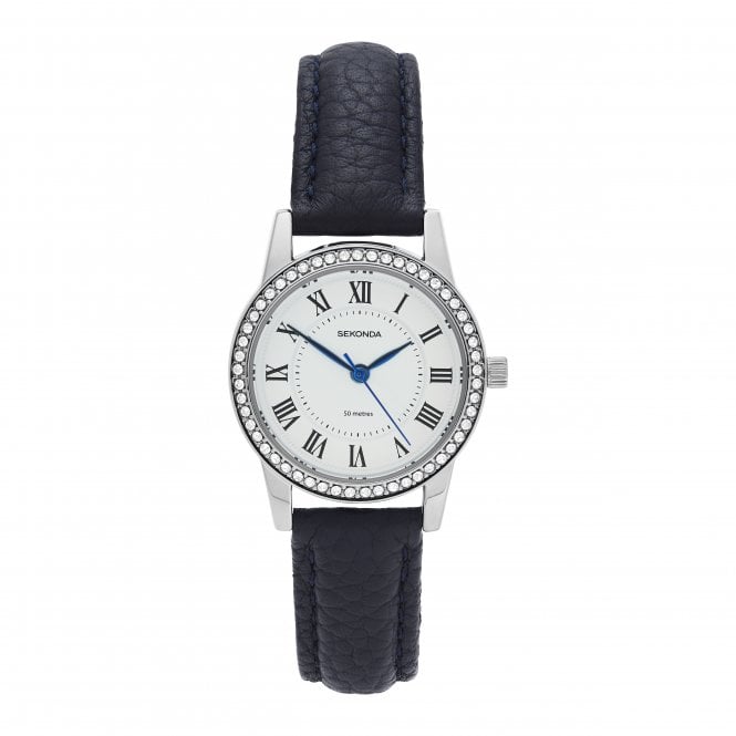 Sekonda Ladies BEAUMONT Round White Dial Stone Set Bezel Blue Strap Watch 40793