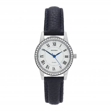 Ladies BEAUMONT Round White Dial Stone Set Bezel Blue Strap Watch 40793