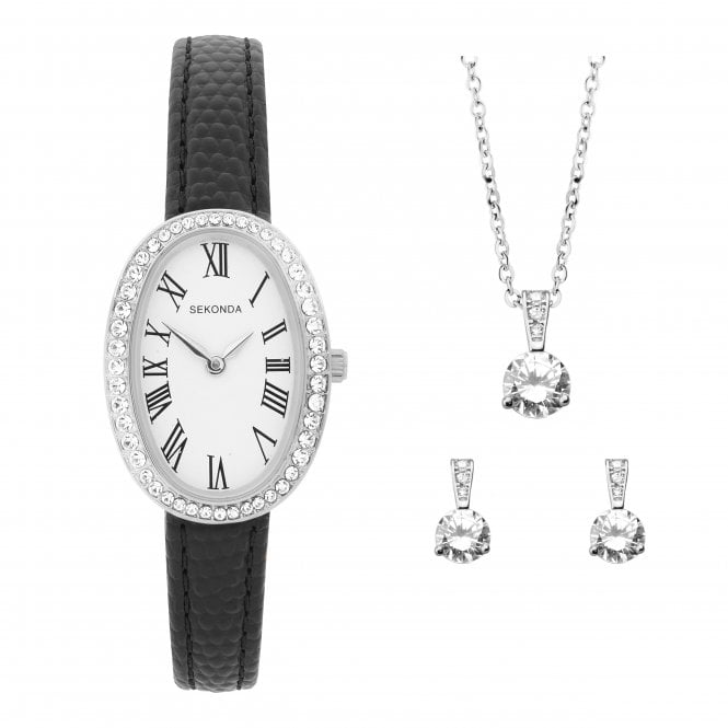 Sekonda Ladies BELLAMY Oval Silver Dial Stone Set Bezel Black Strap Watch Gift Set with Pendant & Earrings 49097