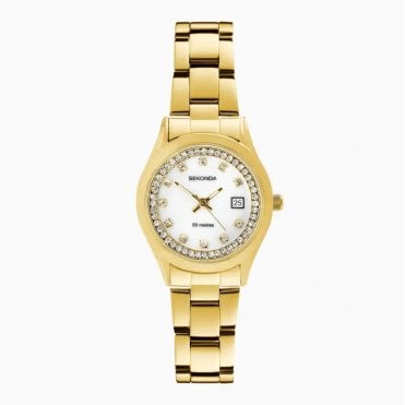 Ladies CATHERINE Round White Mother of Pearl Dial Gold Plated Bracelet Watch 40716