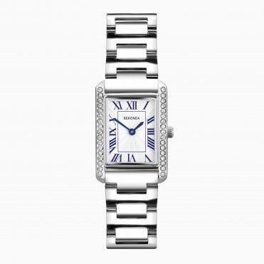 Ladies Colette Rectangle Ivory Dial Stone Set Bezel Stainless Steel Bracelet Watch 40734