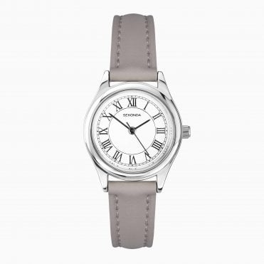 Ladies Evan Round White Dial Grey Strap Watch 40730