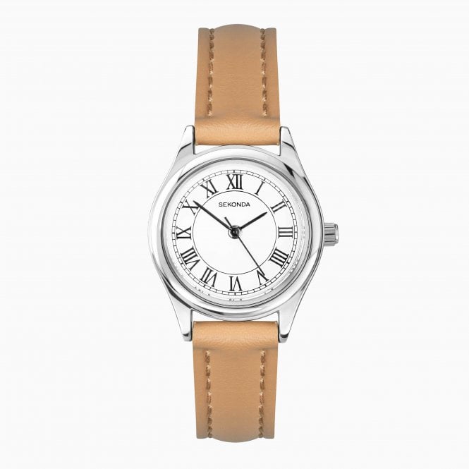 Sekonda Ladies Evan Round White Dial Tan Strap Watch 40731