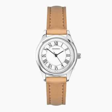 Ladies Evan Round White Dial Tan Strap Watch 40731