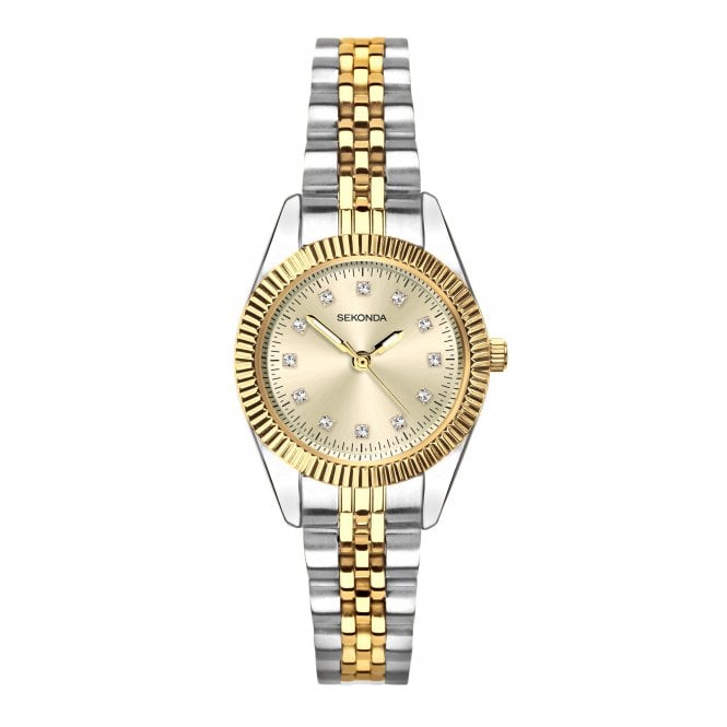Sekonda Ladies Francis Round Champagne Dial Fluted Bezel Gold Plated Bracelet Watch 40690