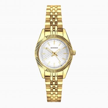 Ladies Francis Round Textured Silver Dial Gold Plated Bracelet Watch 40729