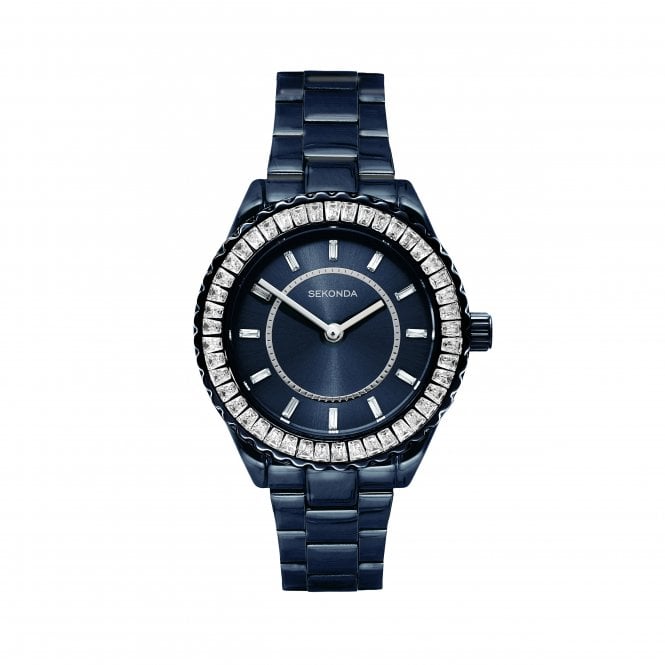 Sekonda Ladies MARGOT Round Navy Dial Stone Set Bezel Navy IP Plated Bracelet Watch 40790