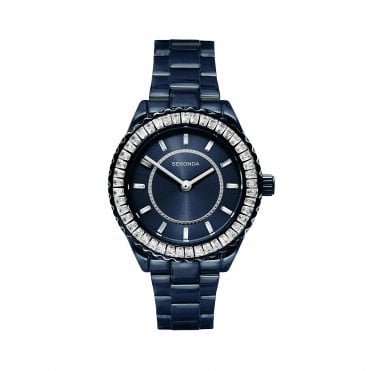 Ladies MARGOT Round Navy Dial Stone Set Bezel Navy IP Plated Bracelet Watch 40790