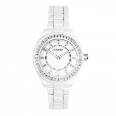 Ladies Margot Round White Dial Stainless Steel Bezel White Bracelet Watch 40687