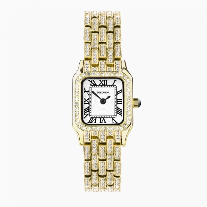 Sekonda Ladies Monica Rectangular White Dial Stone Set Bezel Gold Plated Bracelet Watch 40661