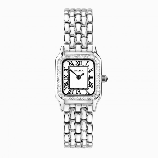 Sekonda Ladies Monica Rectangular White Dial Stone Set Bezel Silver Bracelet Watch 40655