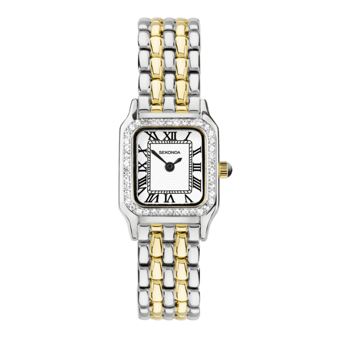 Sekonda Ladies Monica Rectangular White Dial Stone Set Bezel Two Colour Bracelet Watch 40640