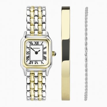Ladies Monica Watch Gift Set With Two Tone Alloy Case & Bracelet with White Dial 49039