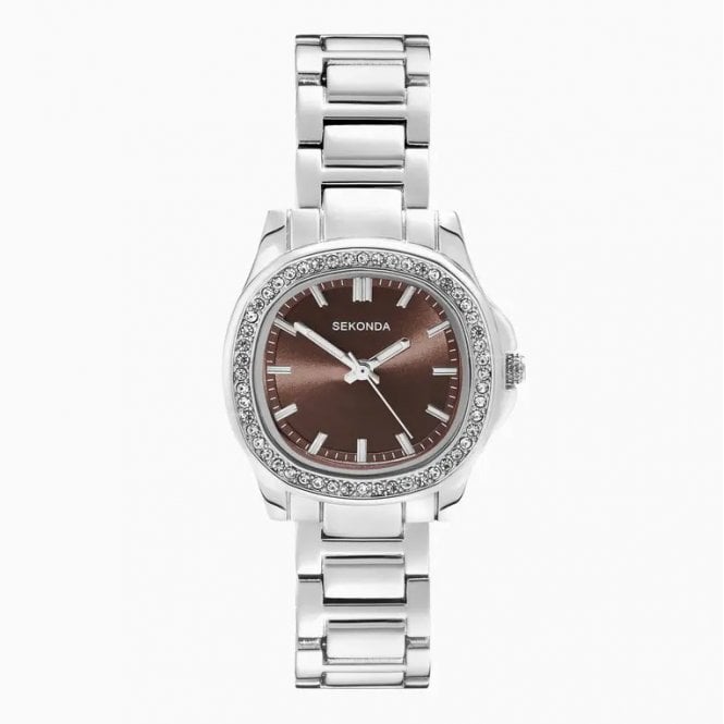 Sekonda Ladies OCTAIRE Cushion Brown Dial Stone Set Bezel Stainless Steel Bracelet Watch 40723