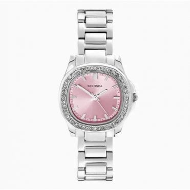 Ladies OCTAIRE Cushion Pink Dial Stone Set Bezel Stainless Steel Bracelet Watch 40724