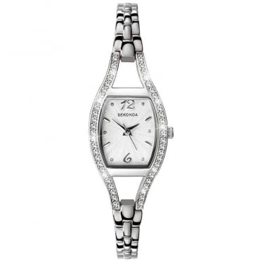 Ladies Rectangular Silver Dial Stone Bezel Stainless Steel Bracelet Watch 4191