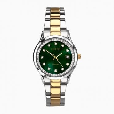 Ladies Round Green Date Dial Stone Set Bezel 2 Colour Bracelet Watch 40295